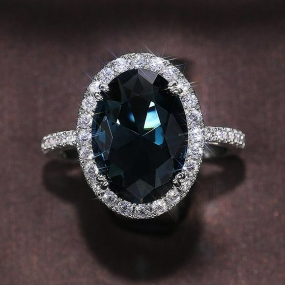 Sterling Silver Big 14mm Oval Pure Royal Blue Ring - Picture 3 of 10